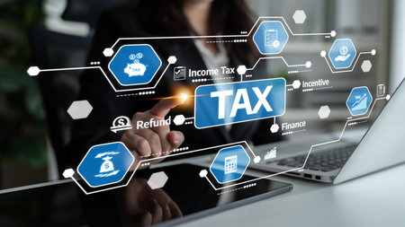 A business professional interacts with a digital interface featuring icons related to tax...