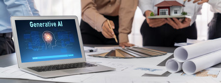 Group of interior architect designer discussing together on blueprint and laptop screen display...