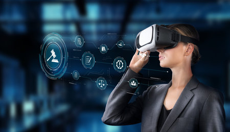 A professional woman engages in virtual reality to enhance her knowledge in compliance and legal...