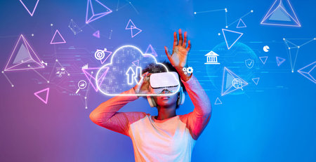 A person immersed in virtual reality technology interacts with digital graphics representing cloud...