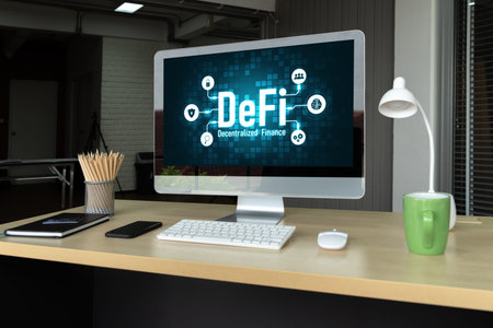 Decentralized finance or DeFi concept on modish computer screen . The defi system give new choice of...