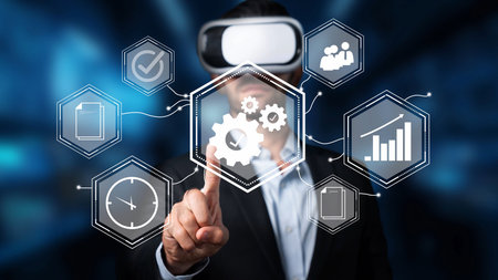 Business Professional Operating Virtual Reality Technology with Interactive Icons Representing Data,...