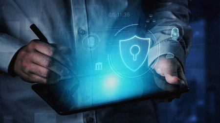 Cyber security interface with biometric and AI-powered protection system. Cyber security secures...