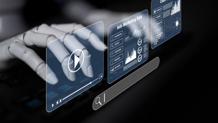 Futuristic Robot Hand Interacting with Digital Marketing Data on a Keyboard Displaying Graphs and...