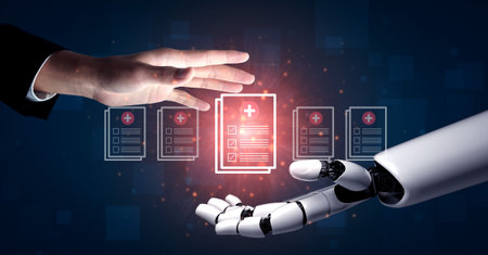 A captivating representation of a human hand reaching out to a robotic hand, symbolizing...