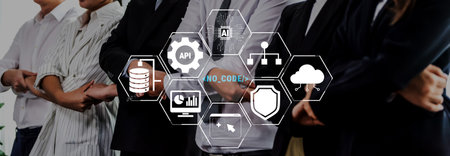 Diverse group of professionals collaborating on technology concepts with icons representing data,...