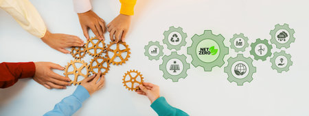 Interconnected green gears with icons representing renewable energy, carbon reduction, recycling,...