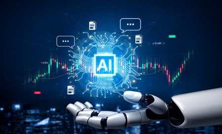 Futuristic financial technology concept features automated robot trader, quantitative analytics, and...