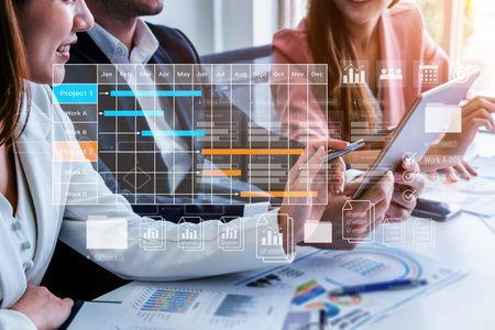 Digital visualization of multiple project timelines with progress tracking, documents, and team...