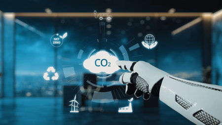 A robotic hand interacts with carbon dioxide data in a sleek office space, symbolizing modern...