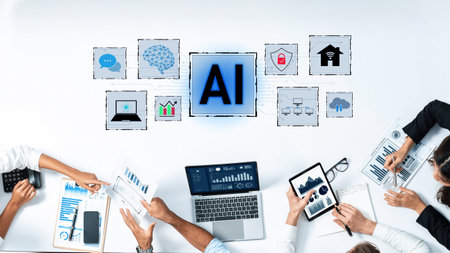 Diverse professionals collaborate on an artificial intelligence project, utilizing modern technology...