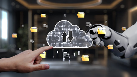 Visual representation of cloud computing featuring a human hand and a robotic arm interacting,...