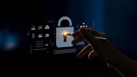 Cybersecurity protection system showing password encryption, fingerprint ID, cloud security, email,...