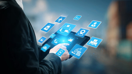 Logistics icons illustrate delivery, supply chain, warehouse, and shipping. Logistics connects...