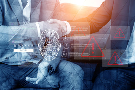 Business professionals engage in a handshake, symbolizing collaboration and trust, with a digital...