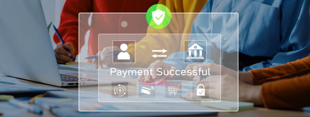 This image illustrates a successful online payment process with hands near a laptop and a digital...