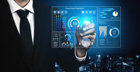 Smart home dashboard manages IoT system. Smart home dashboard controls temperature, dashboard tracks...