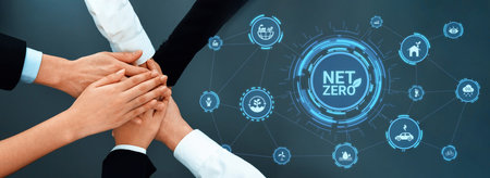 Net zero and sustainability concepts with environmental balance, digital sustainability icons, green...