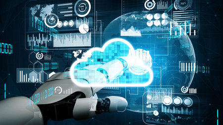 A futuristic robot hand engages with a digital cloud interface, showcasing data analysis graphics...