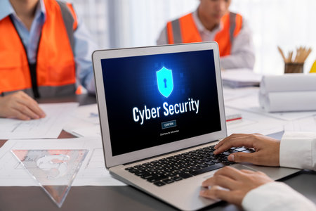 Cyber security system on computer screen protect private information brisk from hacker and cyber...