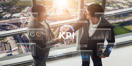 A business intelligence dashboard displaying various Key Performance Indicators (KPI). The data visualization tracks business metrics and measures performance against goals. Fermion
