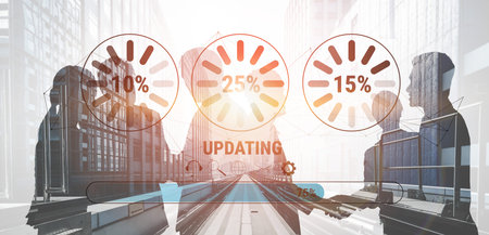 A concept of a system update and software installation. A progress bar and loading icons showing the update percentage and status. Motif