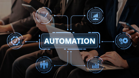 Business professionals engage with technology during a conference, showcasing automation and digital solutions with graphical data for improved efficiency and collaboration. Raster