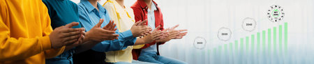 A diverse group of individuals applauding in a business setting, symbolizing support and recognition of success, complemented by growth trends in the background. Gantry