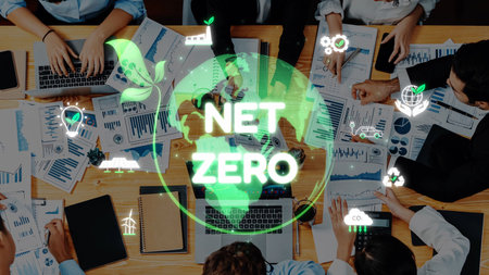 A top view of a business meeting focused on net zero strategies, featuring charts and reports, highlighting the importance of sustainable practices and environmental impact. Raster