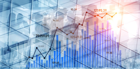 Explore the dynamic world of finance with visual graphs and data representing market trends, stock fluctuations, and business growth in a modern office setting.