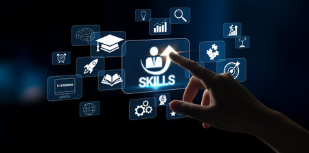 Digital Skill Development Concept with Hand Touching Icons Representing Learning and Growth in Technology and Education Environments Quark.