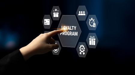 A hand interacts with a touchscreen displaying icons related to a loyalty program, symbolizing customer engagement and rewards in a modern digital marketing environment. Ledger