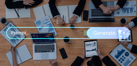 A diverse business team engages in productive discussion, analyzing data on various devices in a modern office environment, highlighting teamwork and collaboration. Gantry