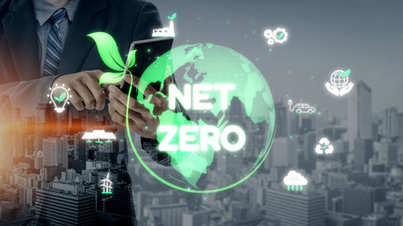 Net zero and sustainability concepts with environmental balance, digital sustainability icons, green energy goals, and eco-conscious digital business transformation for the future. Muxer