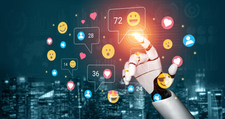 A robotic hand interacts with vibrant social media icons and notifications, symbolizing the intersection of technology and human communication in a digital future. Ledger