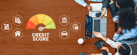 A diverse team collaborates to analyze credit score metrics on a laptop, highlighting the importance of financial literacy in decision-making and economic strategies. Ledger