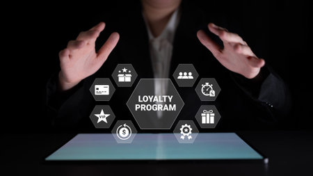 A business professional presents an interactive loyalty program concept, showcasing various rewards and benefits through digital icons in a dark setting, emphasizing customer engagement. Ledger