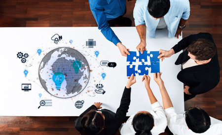 Diverse Team Collaborating on Global Strategy with Puzzle Pieces and Technology Icons Representing Artificial Intelligence and Innovation in a Modern Workspace. Bitwise.