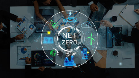 Collaborative Business Meeting Focused on Achieving Net Zero Goals with Visual Elements of Sustainability and Renewable Energy Initiatives. Entropy.