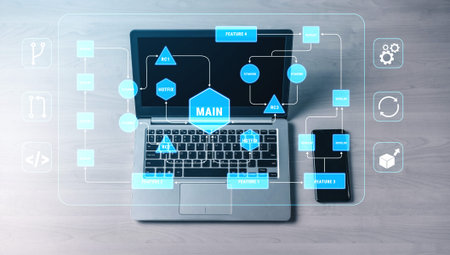 Futuristic interface of software development with laptop and smartphone showing various features and flow diagrams for technology and innovation concepts Quark.