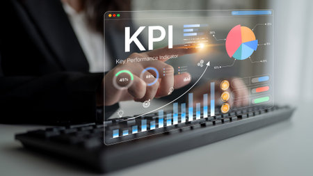 Business professional analyzing KPI data with interactive dashboard, graphs, and charts displayed on digital screen for performance monitoring and insights. Bitwise.
