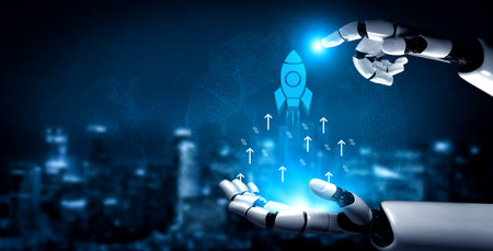 A dynamic representation of a robotic hand pointing at a rocket launching, symbolizing innovation and the future of technology against a vibrant digital backdrop.