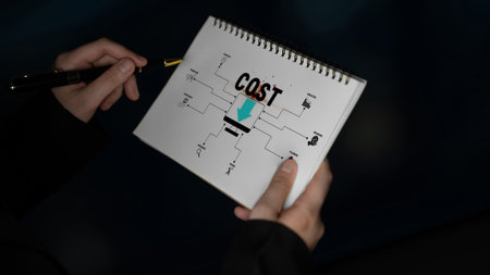 Detailed Mind Map on Cost Analysis with Arrows and Icons in a Notebook to Illustrate Financial Concepts and Business Planning Strategies Quark.