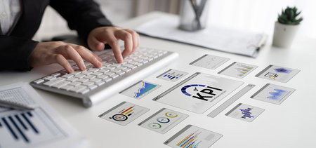 A business intelligence dashboard displaying various Key Performance Indicators (KPI). The data visualization tracks business metrics and measures performance against goals.