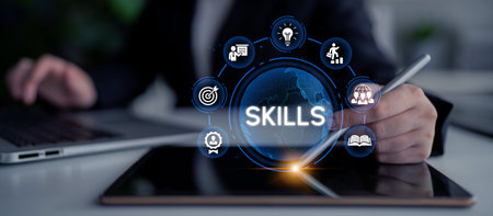 A Professional Holding a Stylus and Using a Tablet to Illustrate Skills Development with Technology and Icons Representing Knowledge and Learning Opportunities. Entropy.