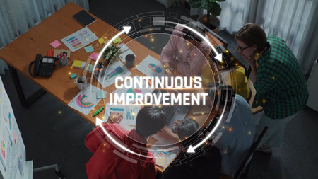 Team Collaboration for Continuous Improvement in a Modern Workspace with Charts and Data Analysis in a Sunny Office Environment Sigmoid