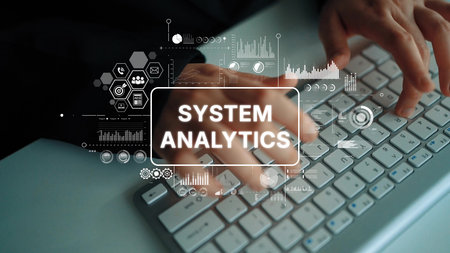 Hands Typing on Keyboard with System Analytics Graphics and Data Visualization Elements Overlaid in a Modern Workspace Environment. Asymptotic smart data analytic.