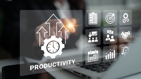 A business person utilizes a laptop in a modern workspace, focusing on enhancing productivity with digital tools and clear graphics that symbolize growth and efficiency. Ledger