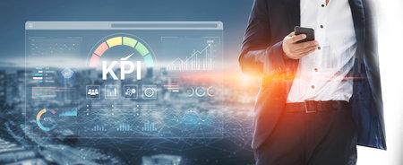 A business intelligence dashboard displaying various Key Performance Indicators (KPI). The data visualization tracks business metrics and measures performance against goals. Fermion