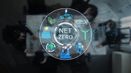 Conceptual Image of Net Zero Initiative with Business Professionals Discussing Sustainable Solutions and Future Energy Innovations in a Modern Office Setting. Entropy.